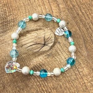 Elegant Sea Glass and silver Beaded Bracelet with Crystal Heart Charm
